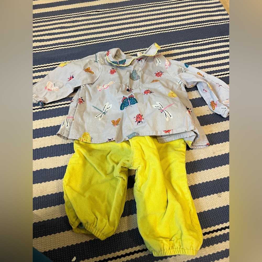 Mini Boden bug print blouse and yellow corduroys, size 3-6 months